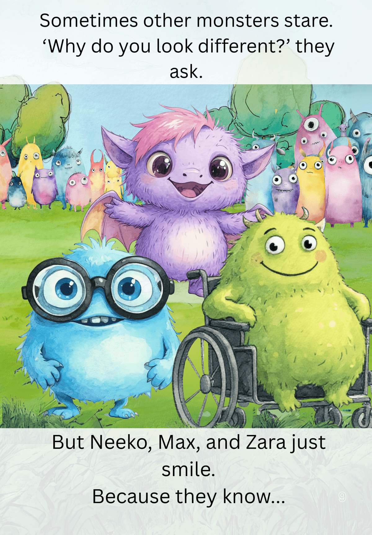 Book page reading “Sometimes other monsters stare. ‘Why do you look different?’ they ask.” — a crowd of pastel monsters watches Neeko, Zara, and Max, who are smiling.