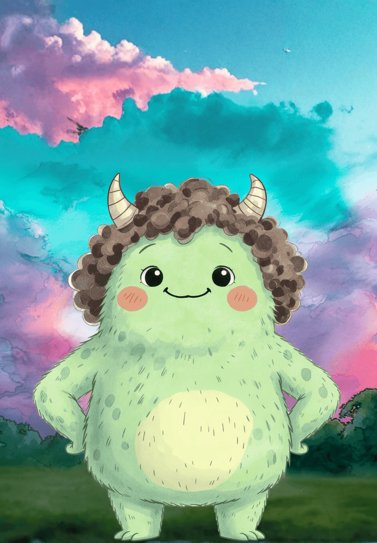 Watercolor illustration of a smiling green monster with cream horns and curly brown hair, standing with hands on hips in a grassy field under a pink and turquoise sky.