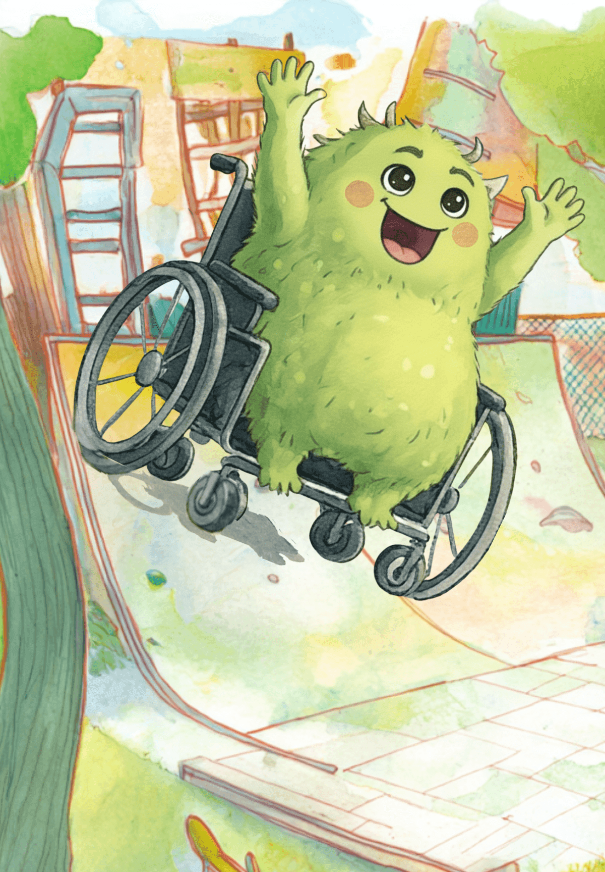 Max, a green monster with little horns, cheering with both arms up as his wheelchair sails over a skate ramp.