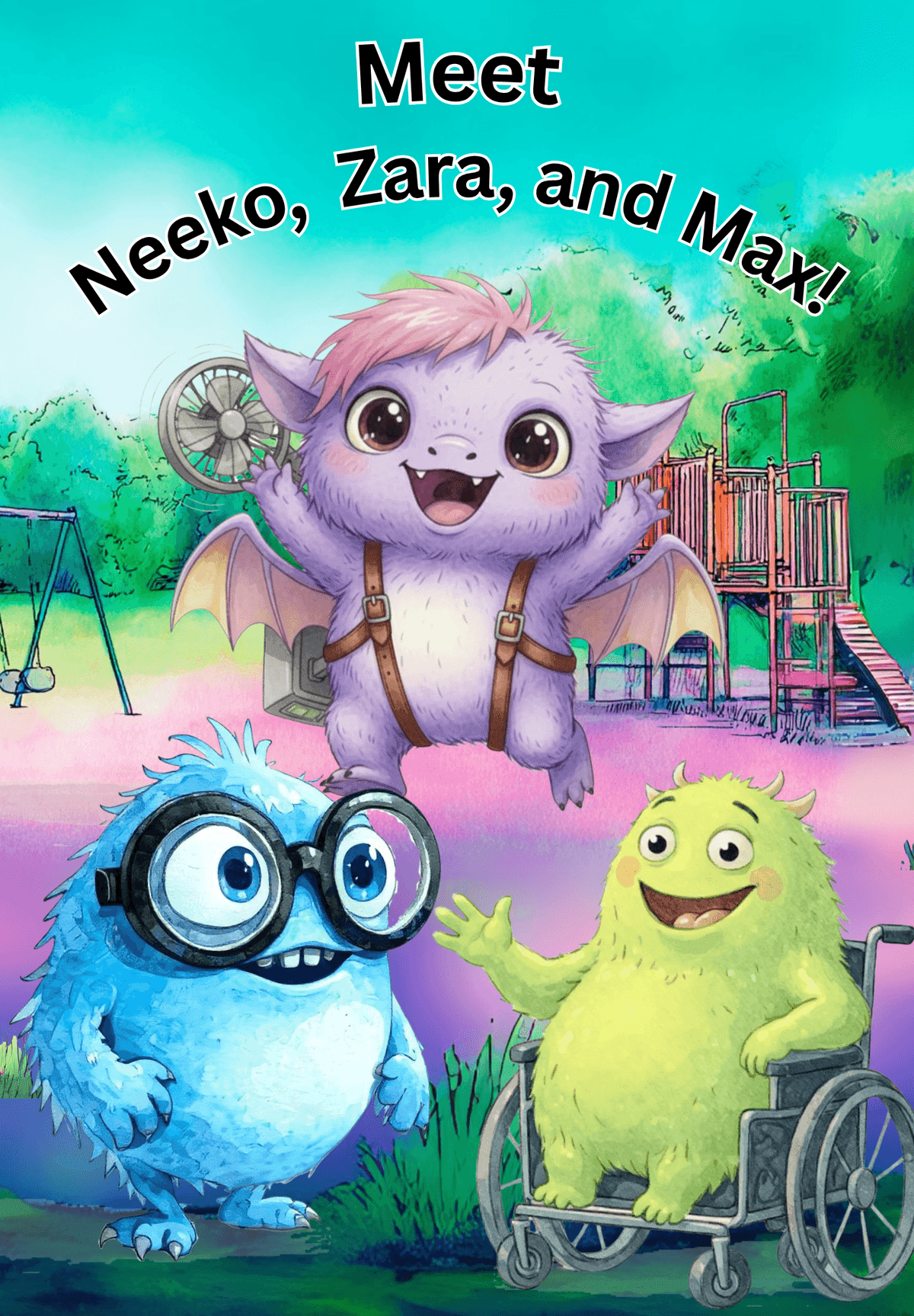 Book page titled “Meet Neeko, Zara, and Max!” — the three monsters together on a playground, Zara hovering with a little propeller in one hand.