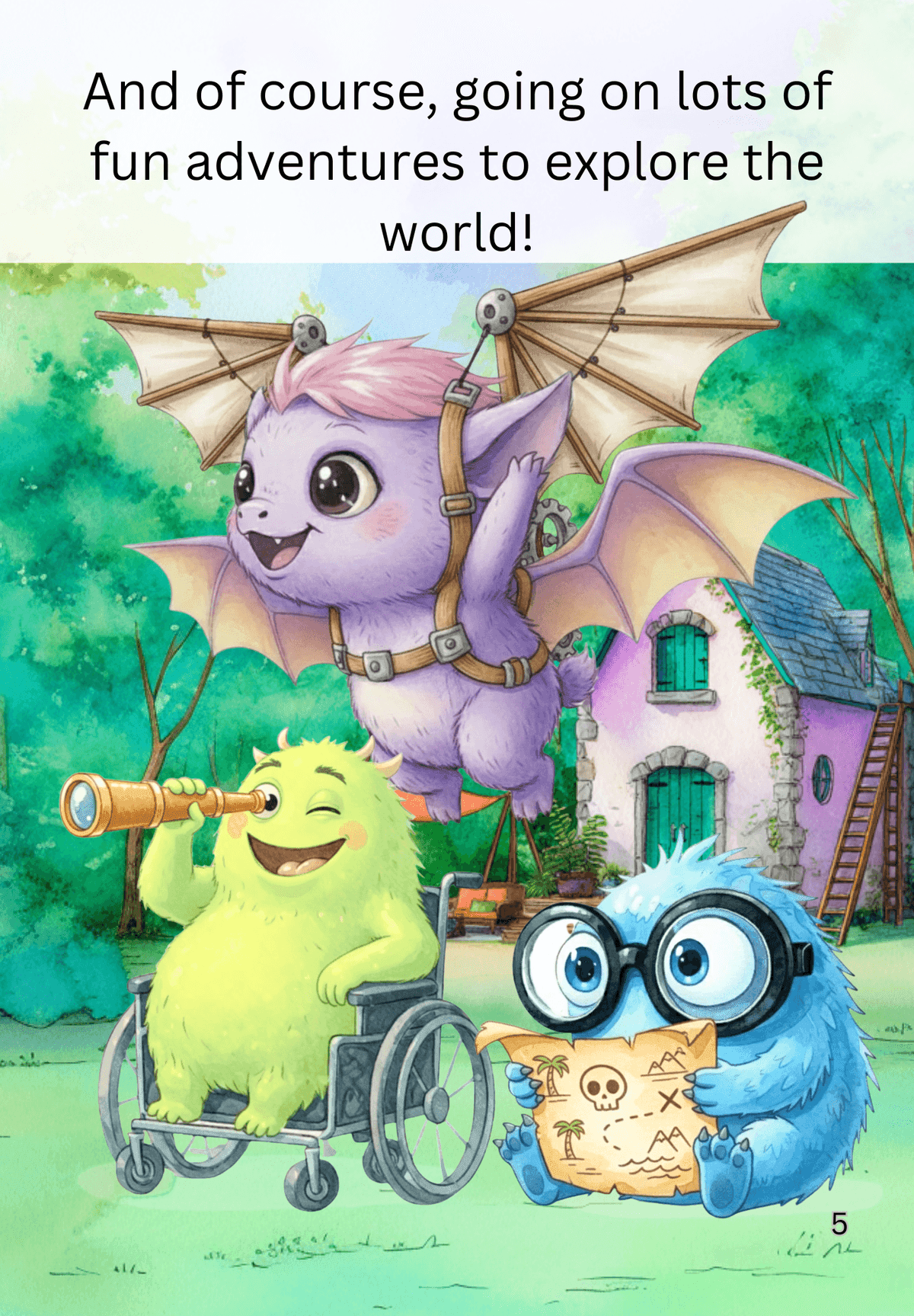 Book page reading “And of course, going on lots of fun adventures to explore the world!” — Zara wears a wooden glider, Max holds a spyglass, and Neeko holds a treasure map.