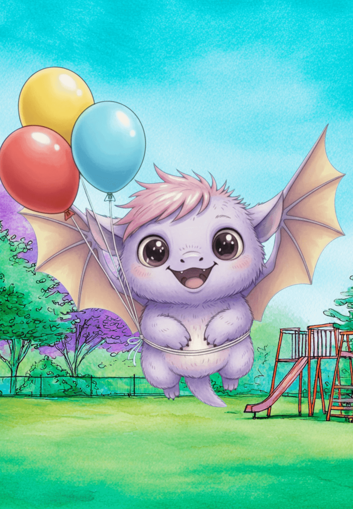 Zara, a small purple winged monster with pink hair, floating above a playground while holding three balloons.