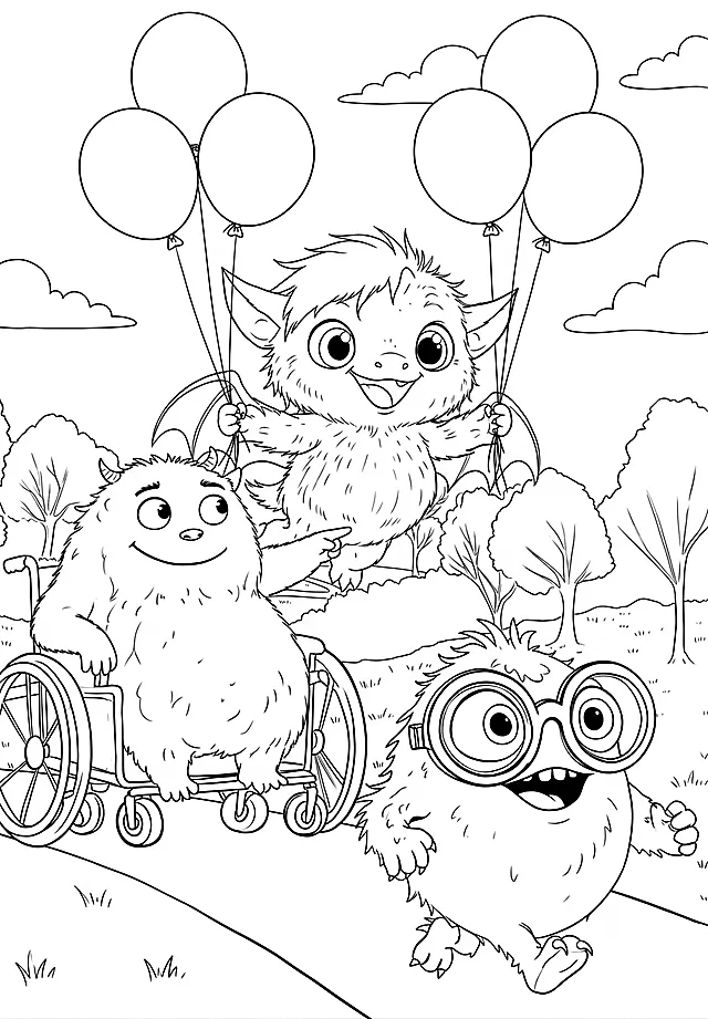 Coloring sheet: A slow walk home with the balloons bobbing behind.