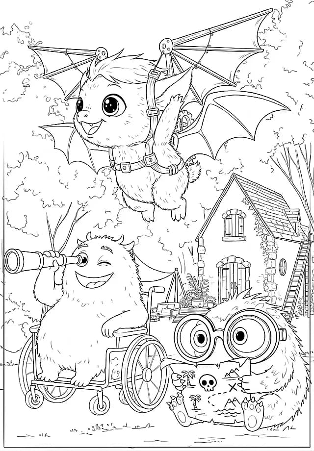 Coloring sheet: A telescope, a little house, and a whole yard to explore.