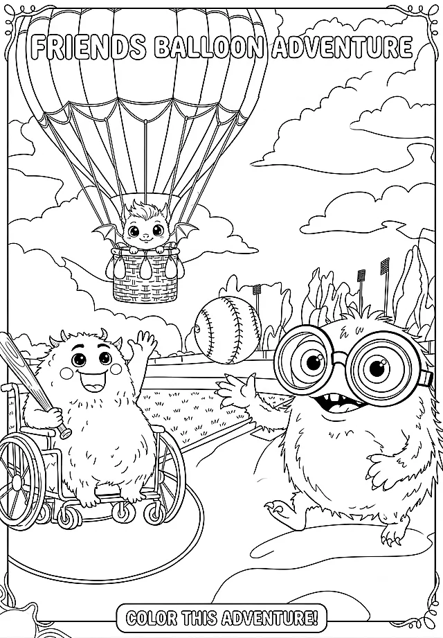 Coloring sheet: Up and over the ballpark in a hot-air balloon.