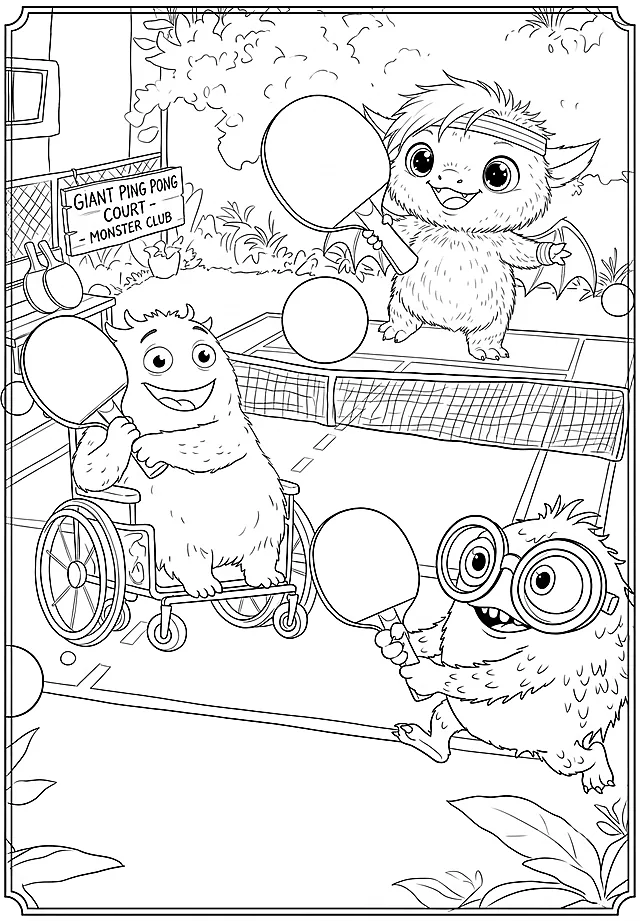Coloring sheet: Game on at the monster club's giant ping-pong court.