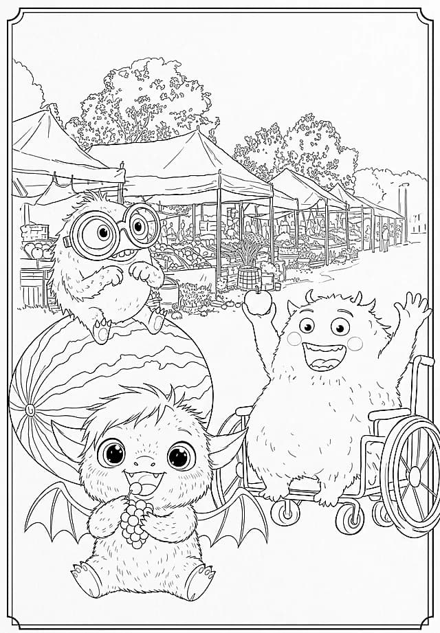 Coloring sheet: Stalls, snacks, and a watermelon nearly as big as Zara.