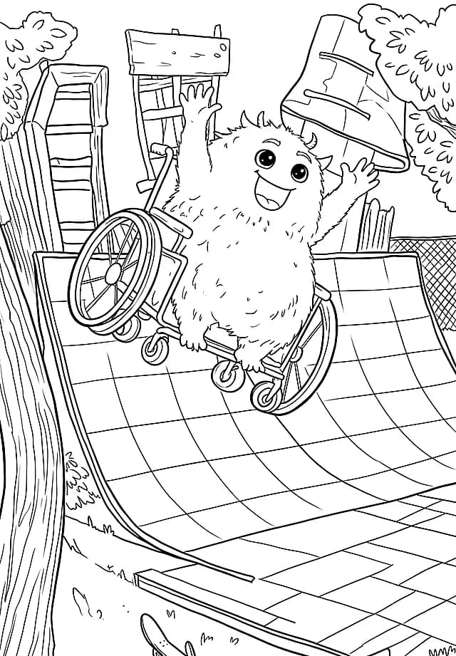 Coloring sheet: Max catches air at the top of the skate ramp.