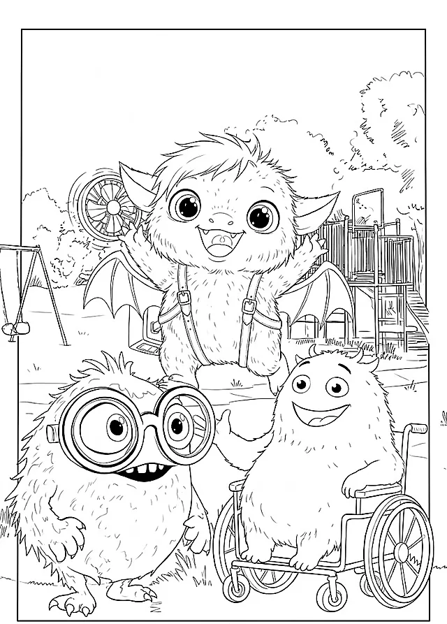 Coloring sheet: The three friends together at the playground.