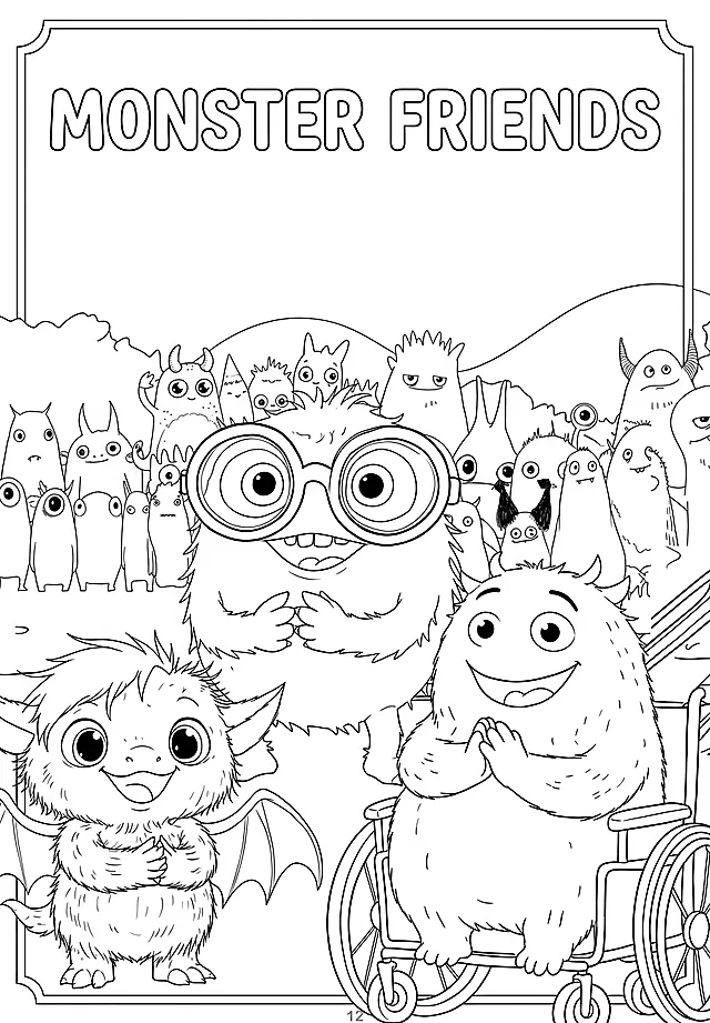 Coloring sheet: A crowd of monsters, all different, all belonging.