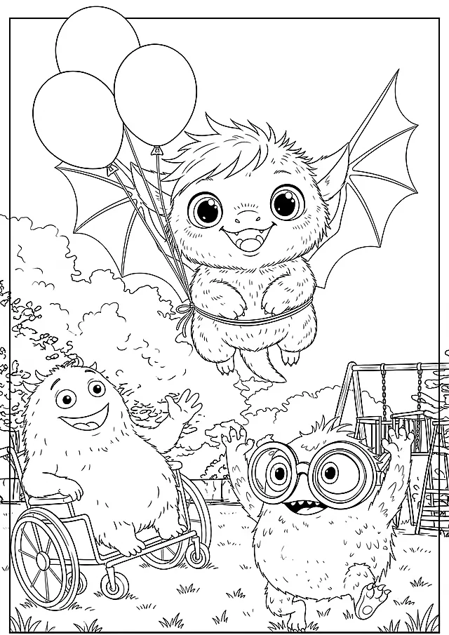 Coloring sheet: Zara floats up with a fistful of balloons.