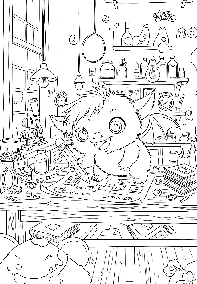 Coloring sheet: Zara draws up her next big invention.